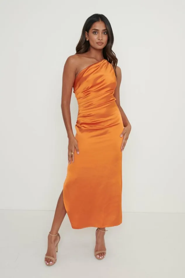 Pretty Lavish Dresses Women Amelia One Shoulder Ruched Satin Dress Orange