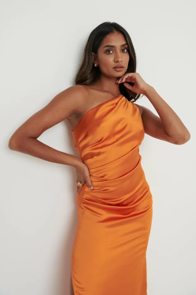 Pretty Lavish Dresses Women Amelia One Shoulder Ruched Satin Dress Orange