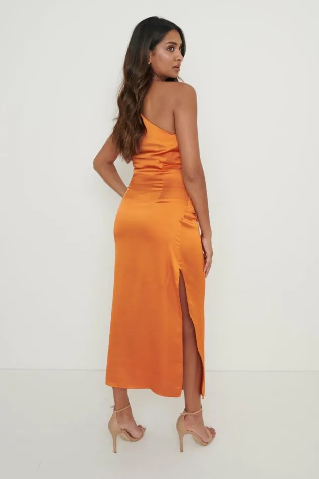 Pretty Lavish Dresses Women Amelia One Shoulder Ruched Satin Dress Orange