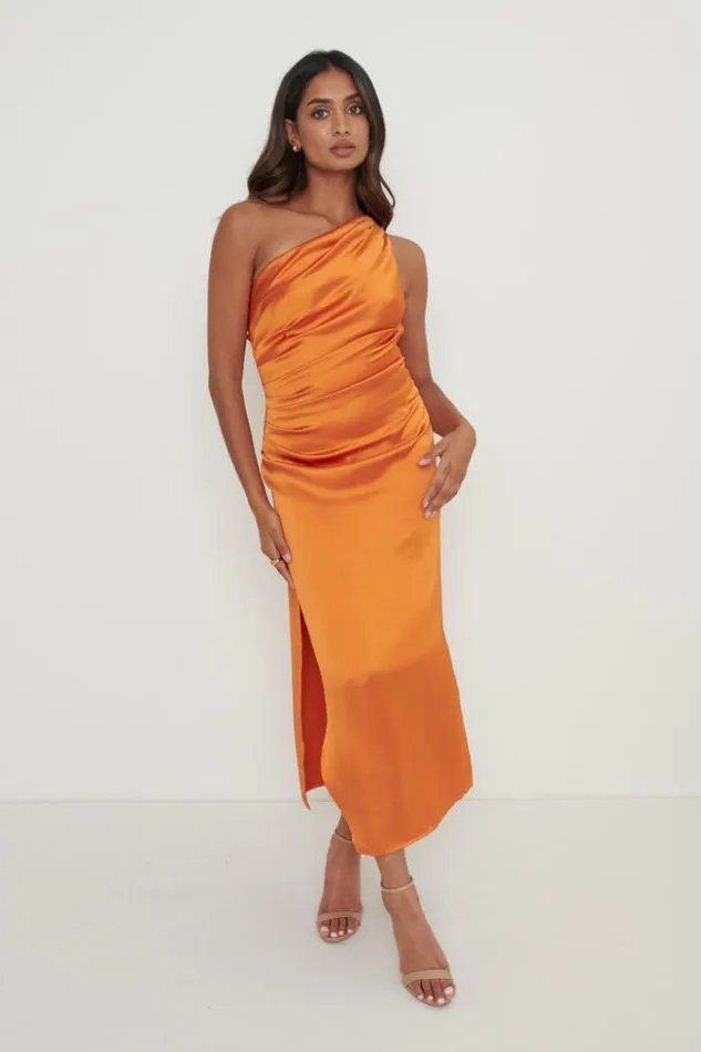 Pretty Lavish Dresses Women Amelia One Shoulder Ruched Satin Dress Orange