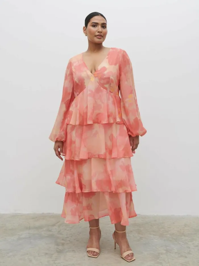 Pretty Lavish Dresses Women Ashton Ruffle Midi Dress Curve Dusky Rose Watercolour Pretty Lavish Dresses Women Ashton Ruffle Midi Dress Curve Dusky Rose Watercolour