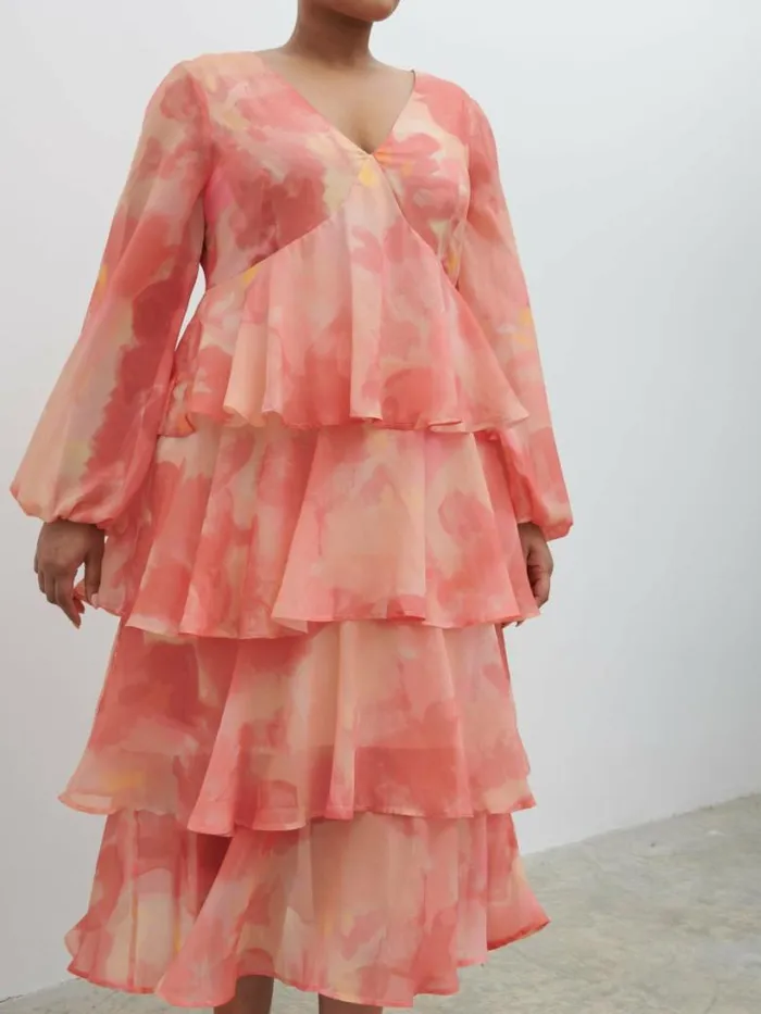 Pretty Lavish Dresses Women Ashton Ruffle Midi Dress Curve Dusky Rose Watercolour