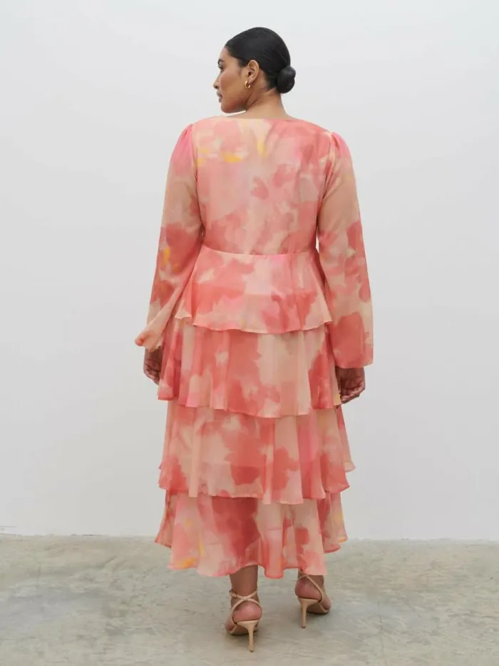 Pretty Lavish Dresses Women Ashton Ruffle Midi Dress Curve Dusky Rose Watercolour