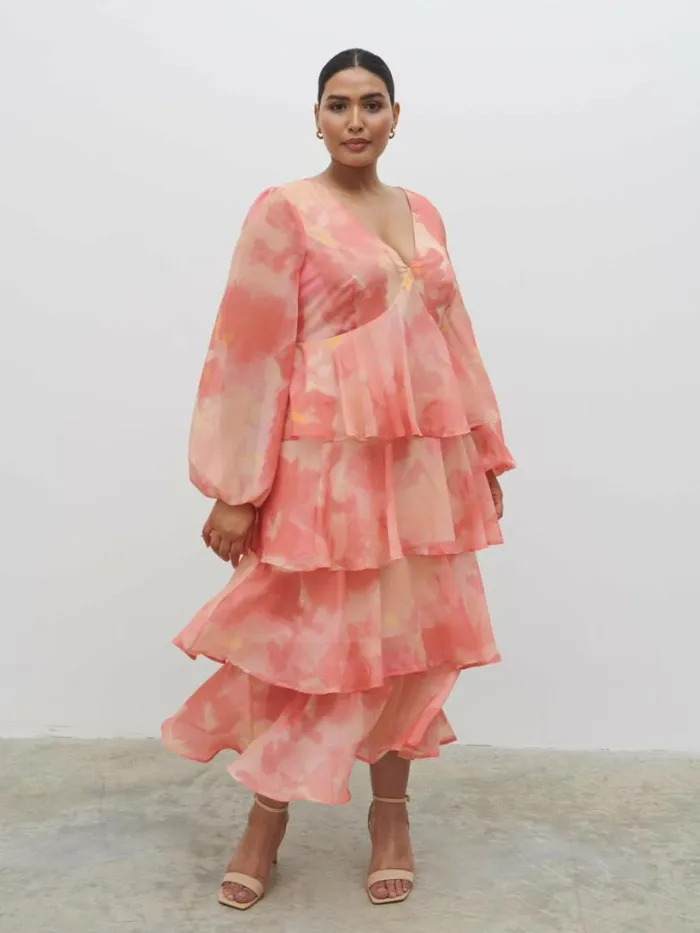 Pretty Lavish Dresses Women Ashton Ruffle Midi Dress Curve Dusky Rose Watercolour