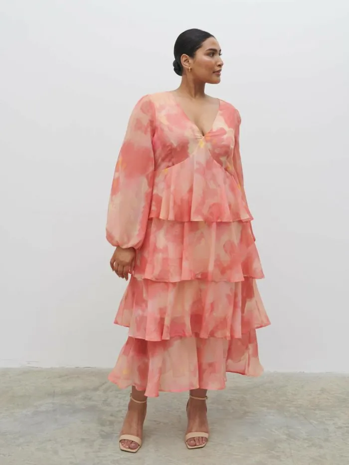 Pretty Lavish Dresses Women Ashton Ruffle Midi Dress Curve Dusky Rose Watercolour