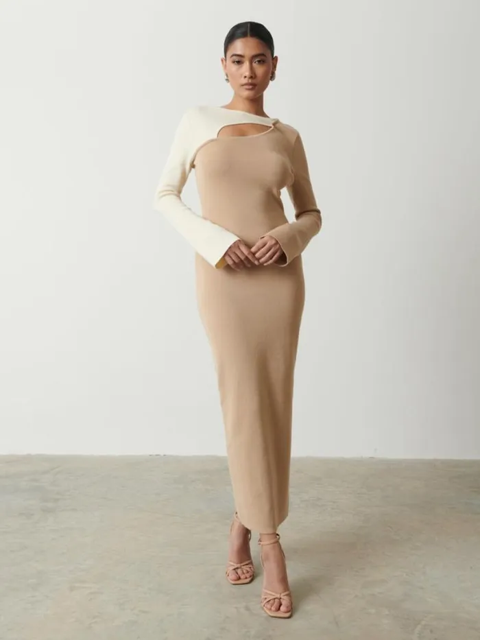 Pretty Lavish Dresses Women Brogan Contrast Knit Dress Beige And Cream