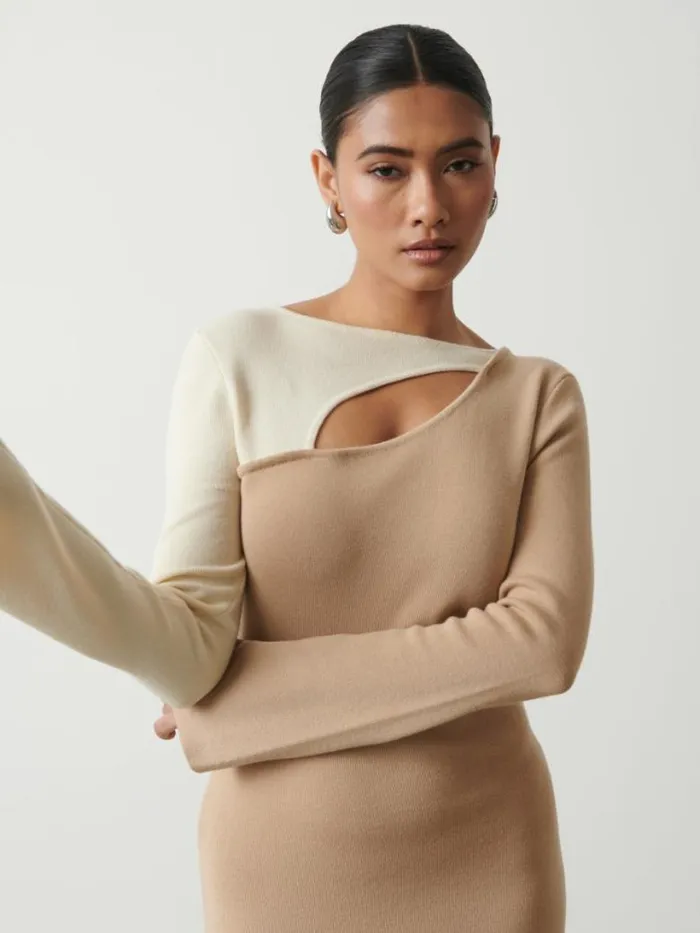 Pretty Lavish Dresses Women Brogan Contrast Knit Dress Beige And Cream