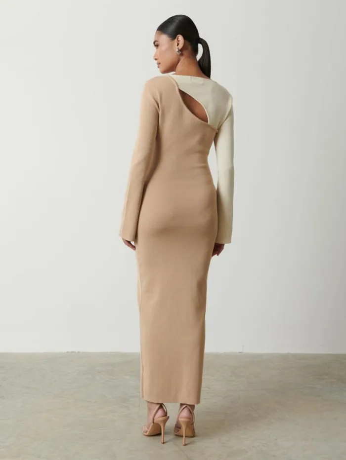 Pretty Lavish Dresses Women Brogan Contrast Knit Dress Beige And Cream