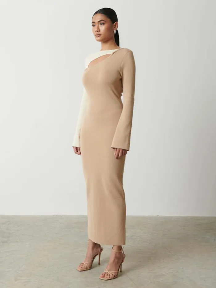Pretty Lavish Dresses Women Brogan Contrast Knit Dress Beige And Cream