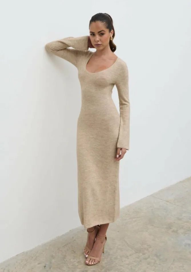 Pretty Lavish Dresses Women Clara Scoop Neck Knit Dress Beige