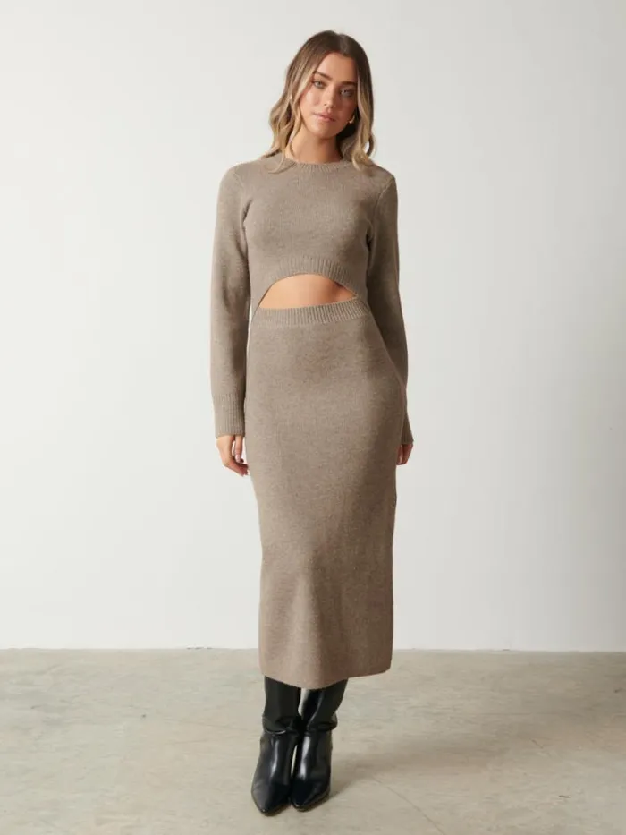 Pretty Lavish Dresses Women Elena Cut Out Knit Midaxi Dress Brown