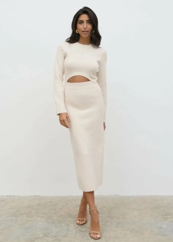 Pretty Lavish Dresses Women Elena Cut Out Knit Midaxi Dress Cream