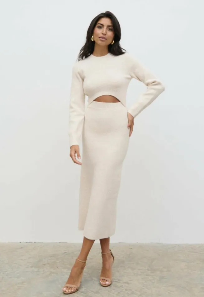 Pretty Lavish Dresses Women Elena Cut Out Knit Midaxi Dress Cream