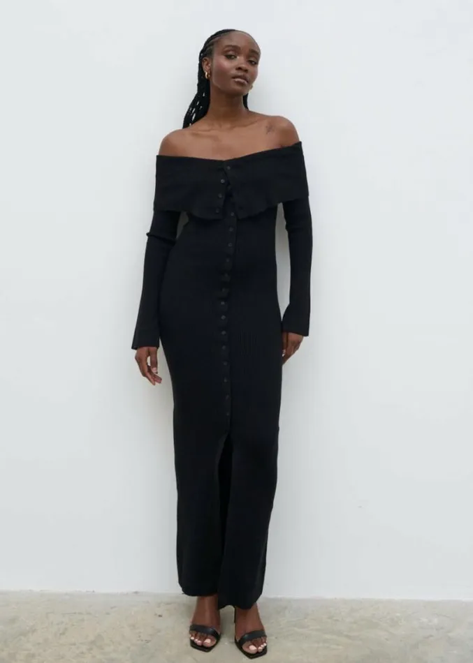 Pretty Lavish Dresses Women Elora Bardot Knit Maxi Dress Black