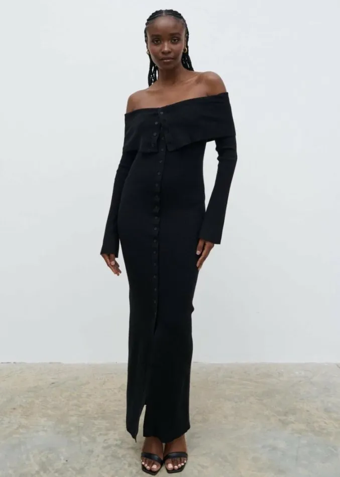 Pretty Lavish Dresses Women Elora Bardot Knit Maxi Dress Black