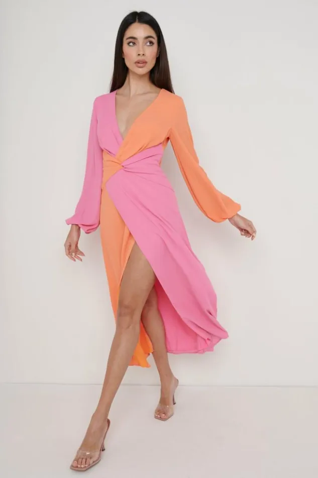 Pretty Lavish Dresses Women Frieda Knot Contrast Dress Orange And Pink