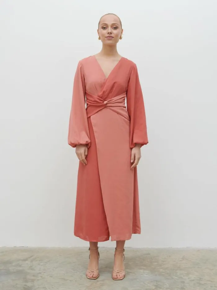 Pretty Lavish Dresses Women Friena Knot Contrast Midaxi Dress Terracotta And Dusky Rose