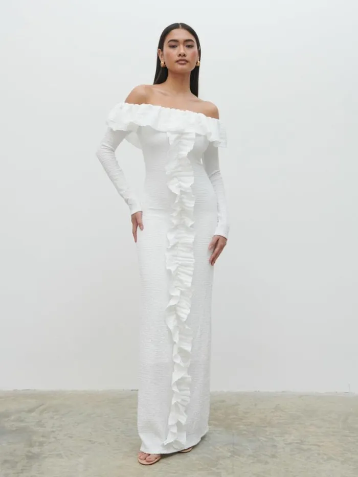 Pretty Lavish Dresses Women Hope Bardot Ruffle Jersey Maxi Dress Cream