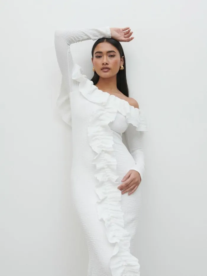 Pretty Lavish Dresses Women Hope Bardot Ruffle Jersey Maxi Dress Cream
