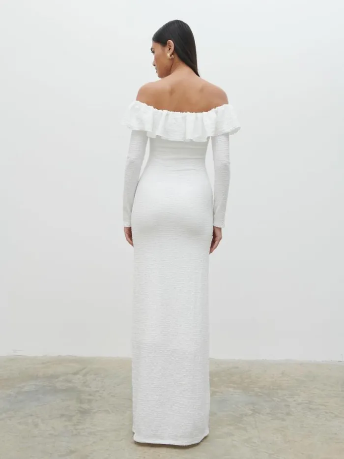 Pretty Lavish Dresses Women Hope Bardot Ruffle Jersey Maxi Dress Cream