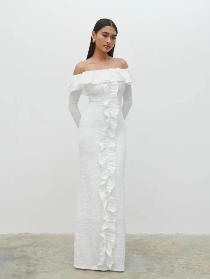 Pretty Lavish Dresses Women Hope Bardot Ruffle Jersey Maxi Dress Cream