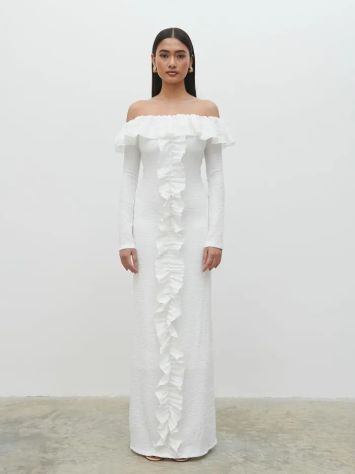 Pretty Lavish Dresses Women Hope Bardot Ruffle Jersey Maxi Dress Cream
