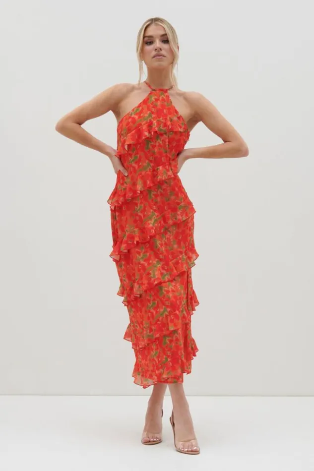 Pretty Lavish Dresses Women Katy Ruffle Midaxi Dress Red And Orange Floral