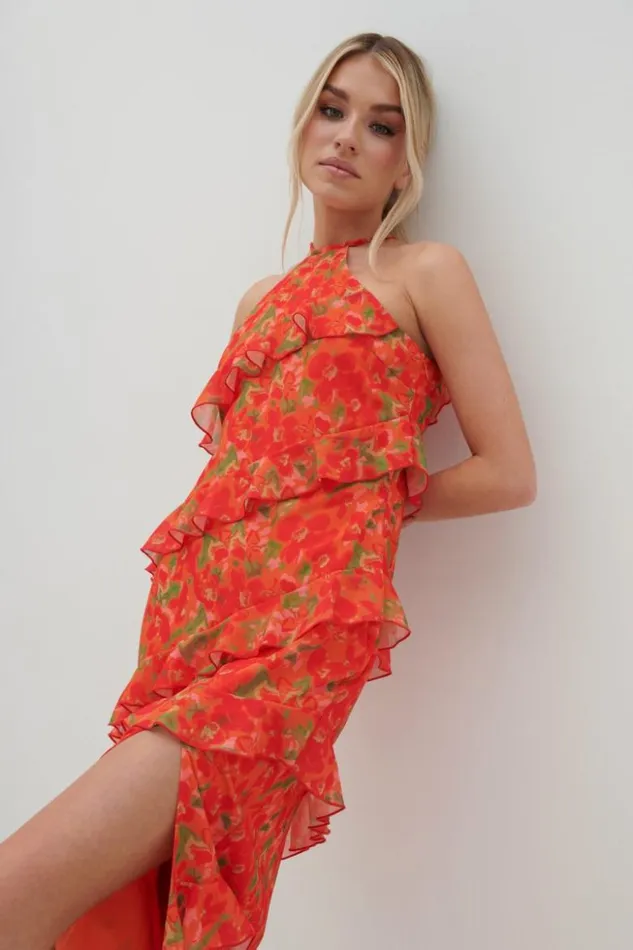 Pretty Lavish Dresses Women Katy Ruffle Midaxi Dress Red And Orange Floral