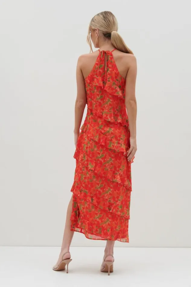 Pretty Lavish Dresses Women Katy Ruffle Midaxi Dress Red And Orange Floral