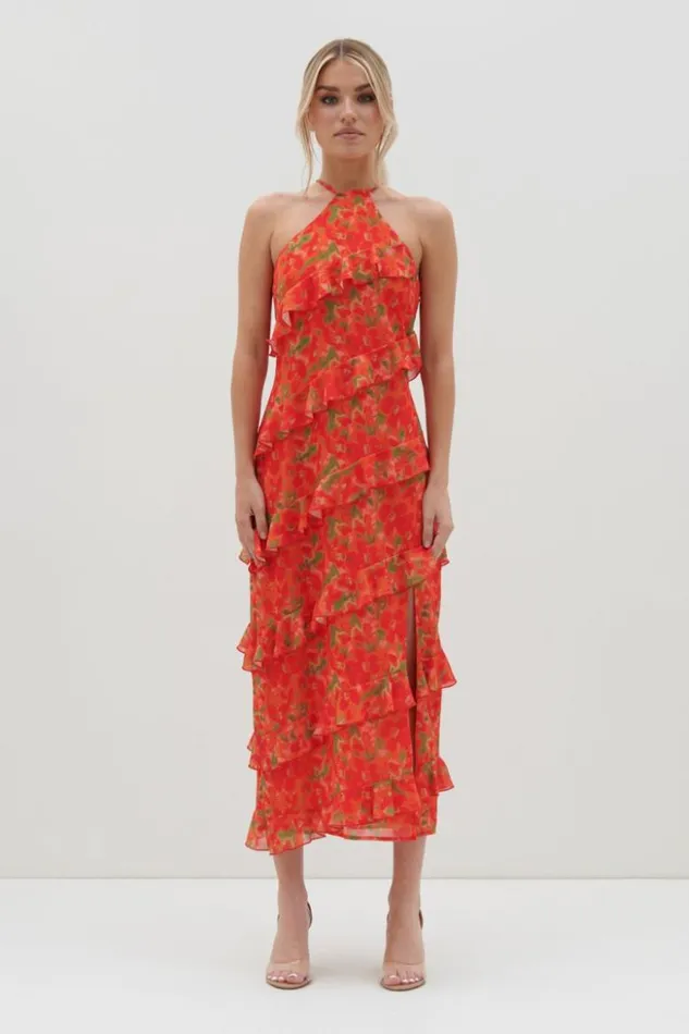 Pretty Lavish Dresses Women Katy Ruffle Midaxi Dress Red And Orange Floral