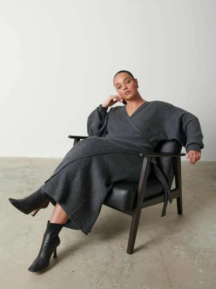 Pretty Lavish Dresses Women Kinsley Ribbed Wrap Dress Curve Grey
