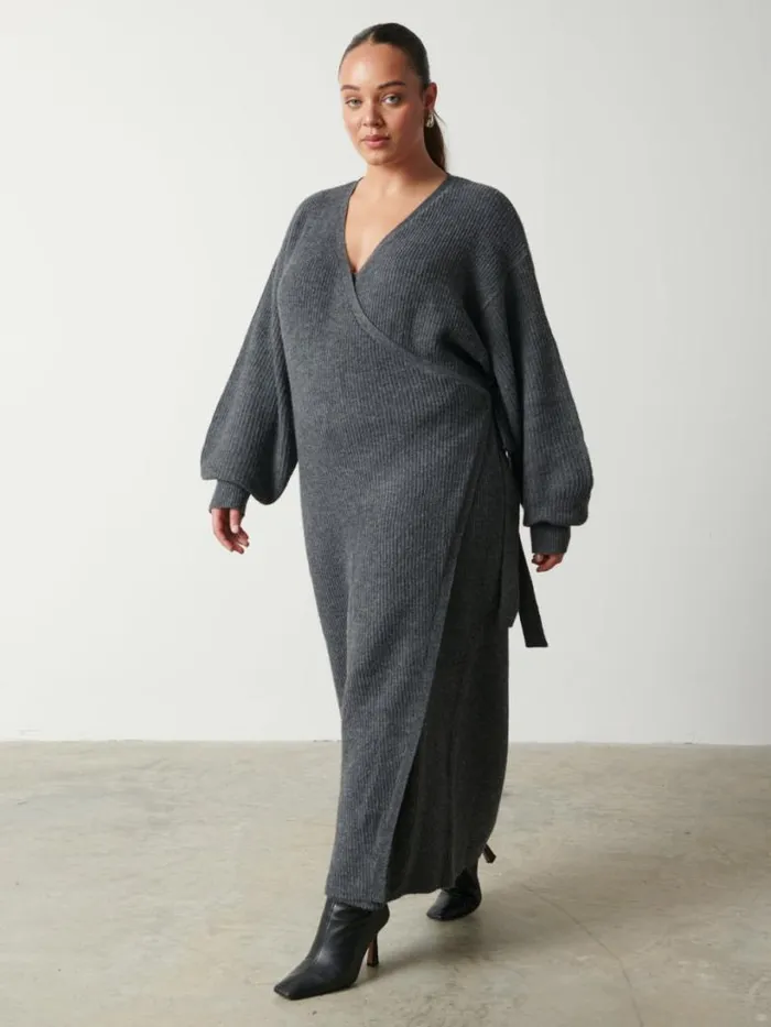 Pretty Lavish Dresses Women Kinsley Ribbed Wrap Dress Curve Grey
