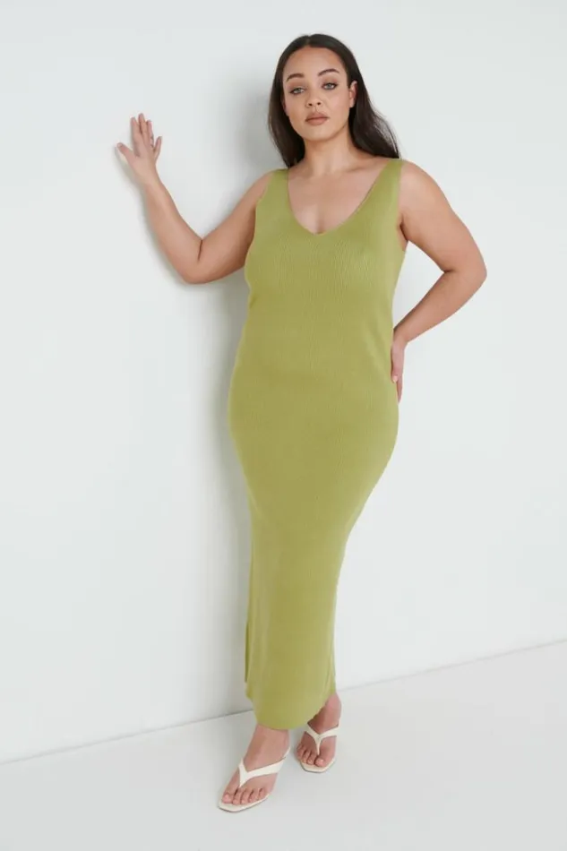 Pretty Lavish Dresses Women Lara Ribbed Midaxi Dress Curve Olive