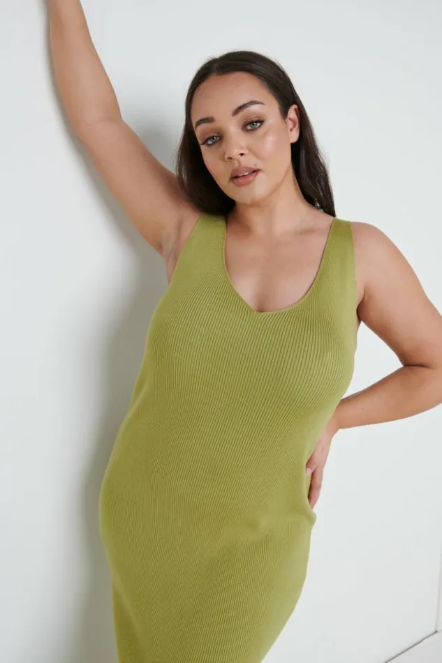 Pretty Lavish Dresses Women Lara Ribbed Midaxi Dress Curve Olive