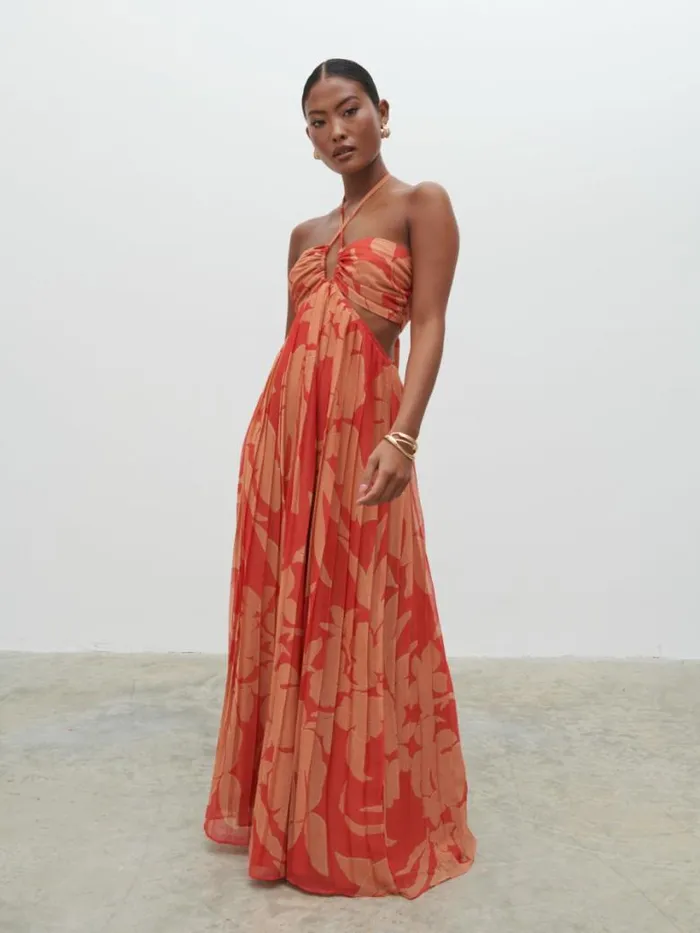 Pretty Lavish Dresses Women Lucie Cut Out Maxi Dress Red And Beige Floral