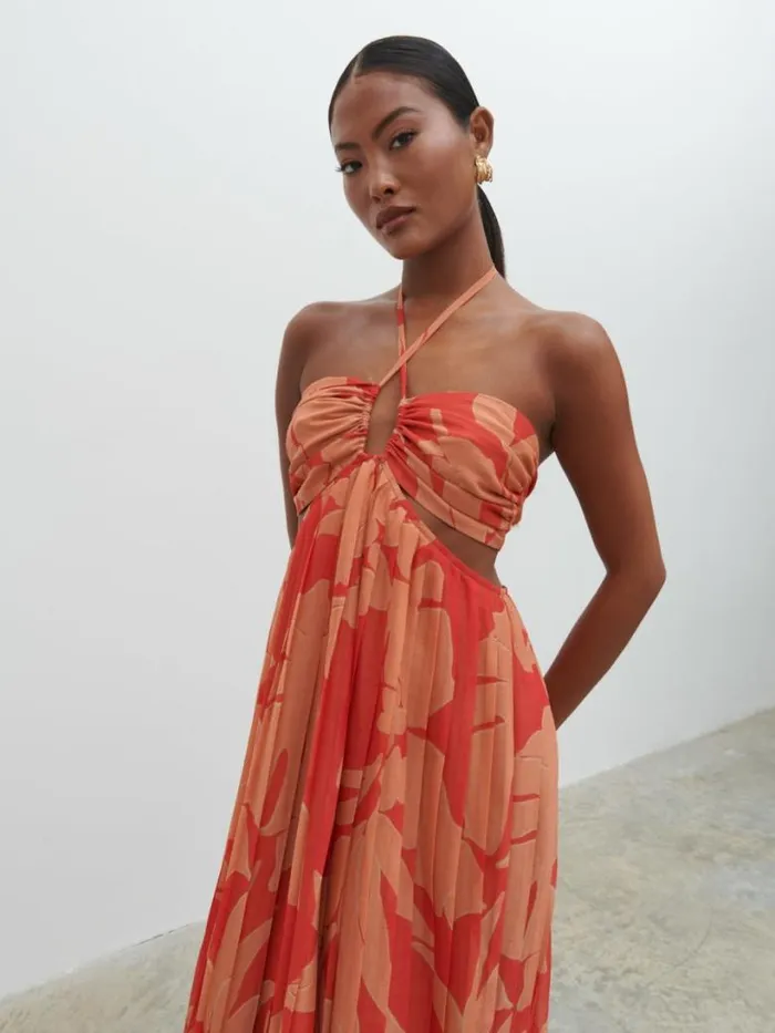 Pretty Lavish Dresses Women Lucie Cut Out Maxi Dress Red And Beige Floral