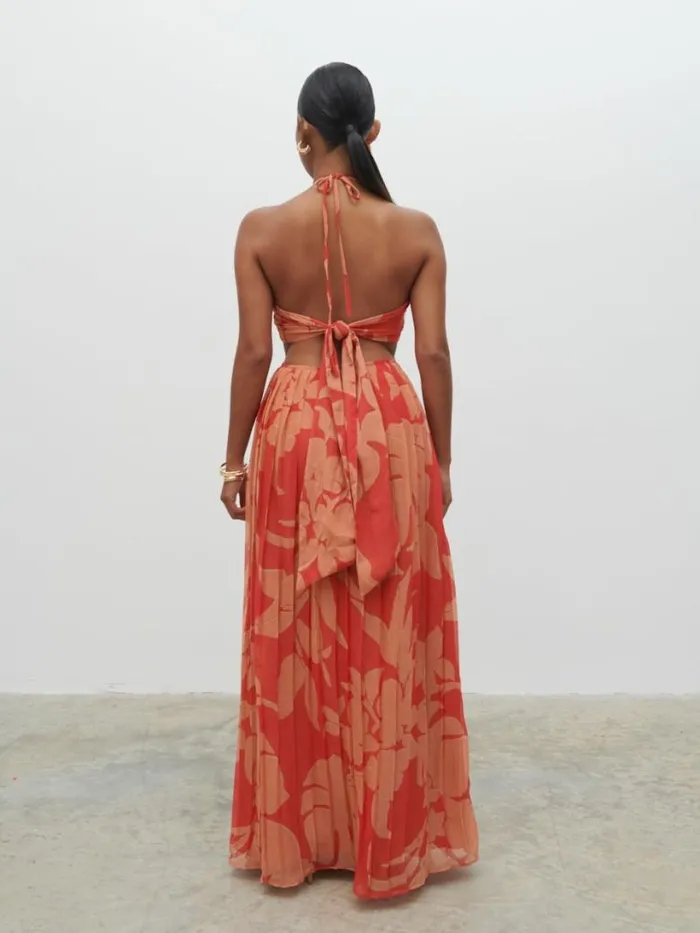 Pretty Lavish Dresses Women Lucie Cut Out Maxi Dress Red And Beige Floral