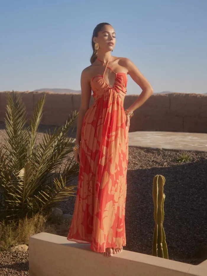 Pretty Lavish Dresses Women Lucie Cut Out Maxi Dress Red And Beige Floral