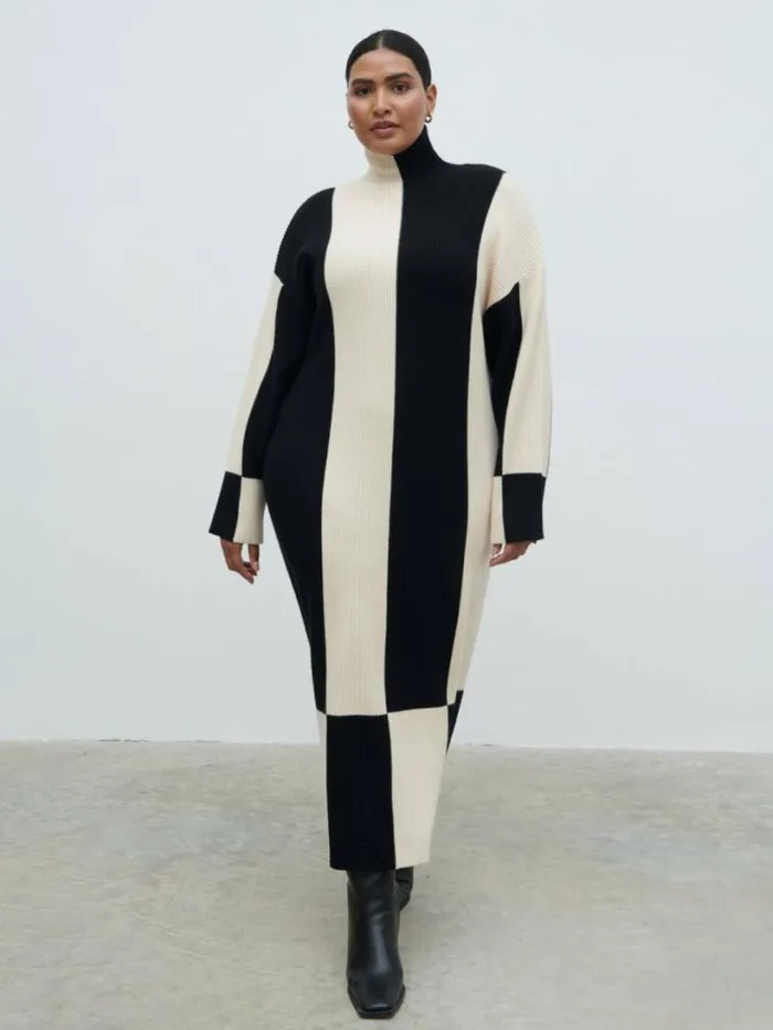Pretty Lavish Dresses Women Nayah High Funnel Neck Knit Dress Curve Black And Cream Stripe