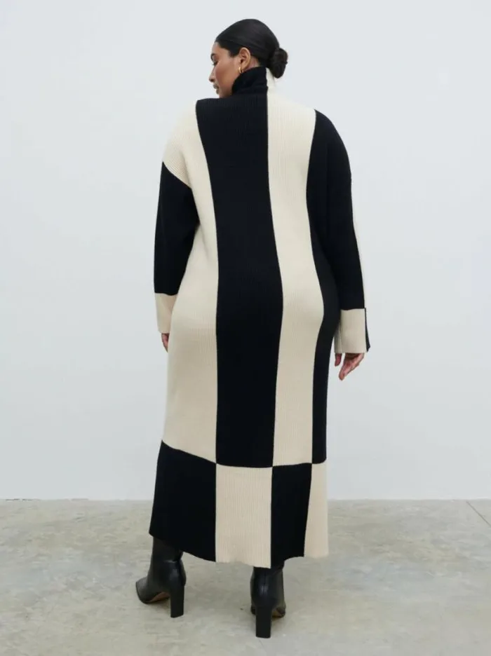Pretty Lavish Dresses Women Nayah High Funnel Neck Knit Dress Curve Black And Cream Stripe
