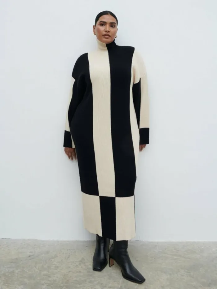 Pretty Lavish Dresses Women Nayah High Funnel Neck Knit Dress Curve Black And Cream Stripe