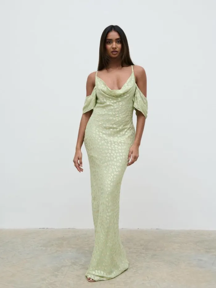 Pretty Lavish Dresses Women Nia Cold Shoulder Maxi Dress Pistachio Metallic