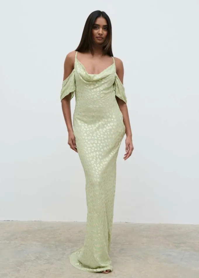 Pretty Lavish Dresses Women Nia Cold Shoulder Maxi Dress Pistachio Metallic
