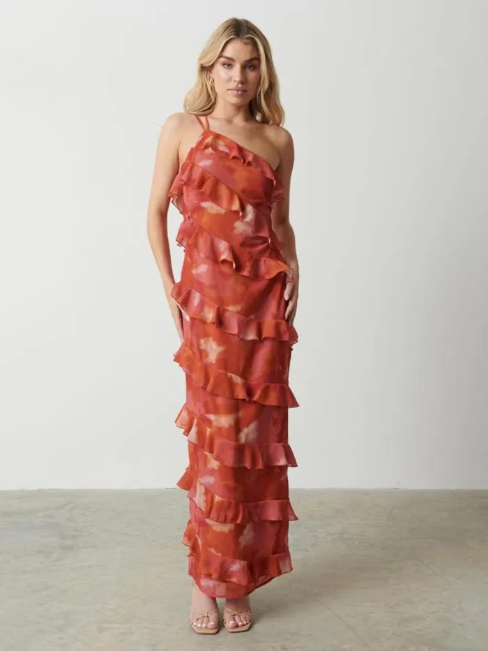 Pretty Lavish Dresses Women Paisley Printed Ruffle Maxi Dress Abstract Watercolour