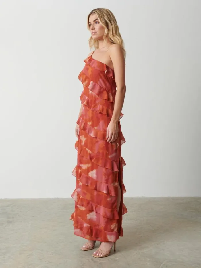 Pretty Lavish Dresses Women Paisley Printed Ruffle Maxi Dress Abstract Watercolour