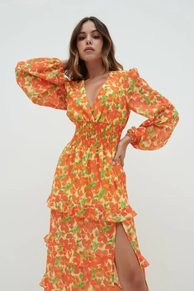 Pretty Lavish Dresses Women Rochelle Shirred Waist Maxi Dress Orange And Yellow Floral
