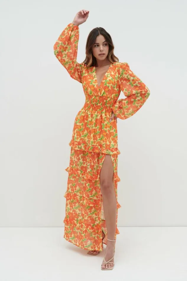 Pretty Lavish Dresses Women Rochelle Shirred Waist Maxi Dress Orange And Yellow Floral