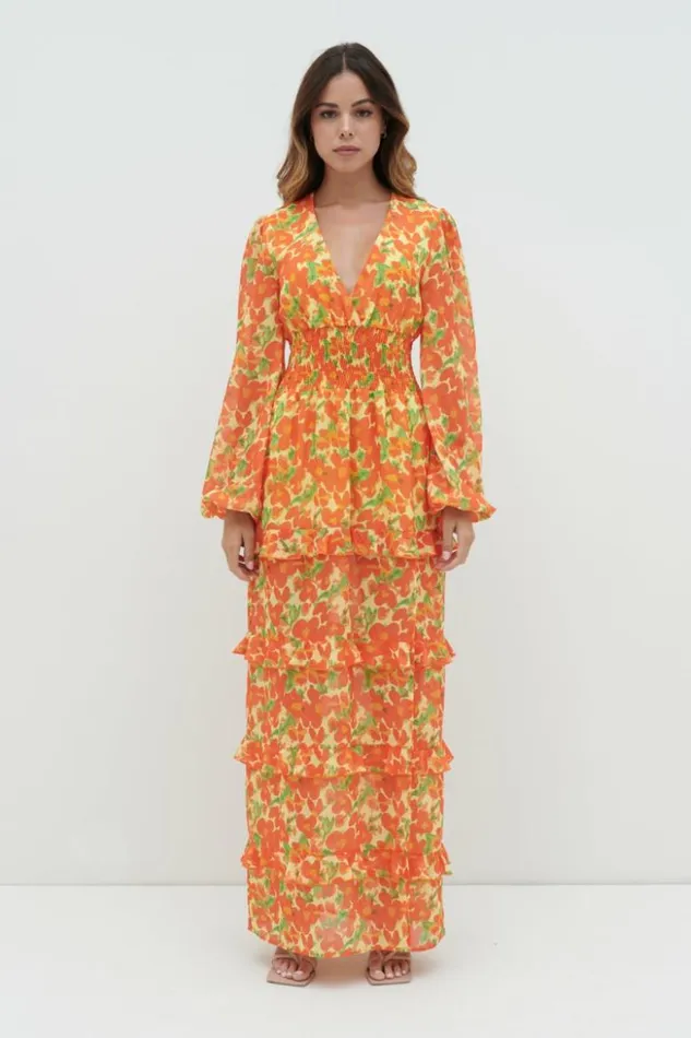 Pretty Lavish Dresses Women Rochelle Shirred Waist Maxi Dress Orange And Yellow Floral