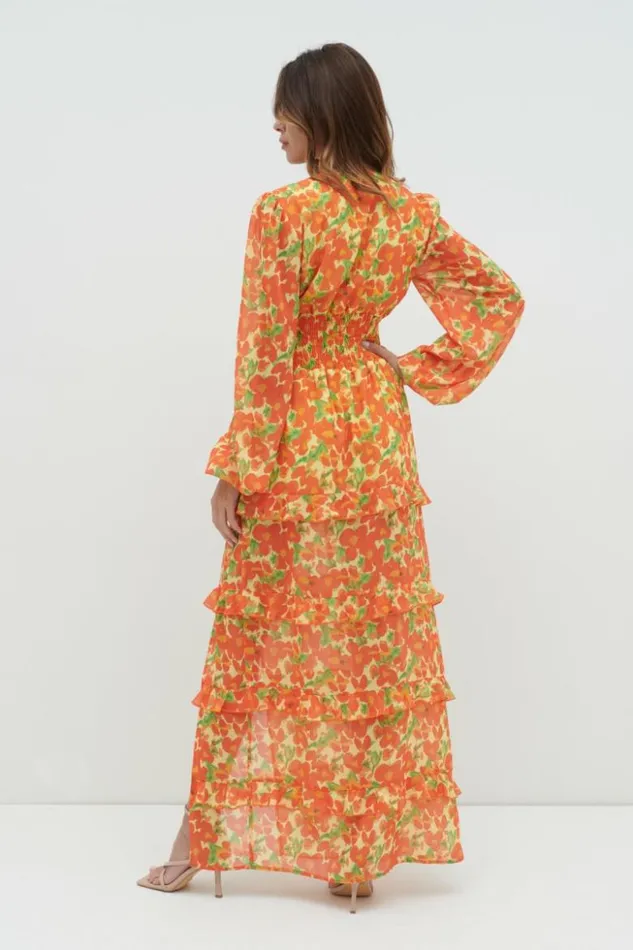 Pretty Lavish Dresses Women Rochelle Shirred Waist Maxi Dress Orange And Yellow Floral