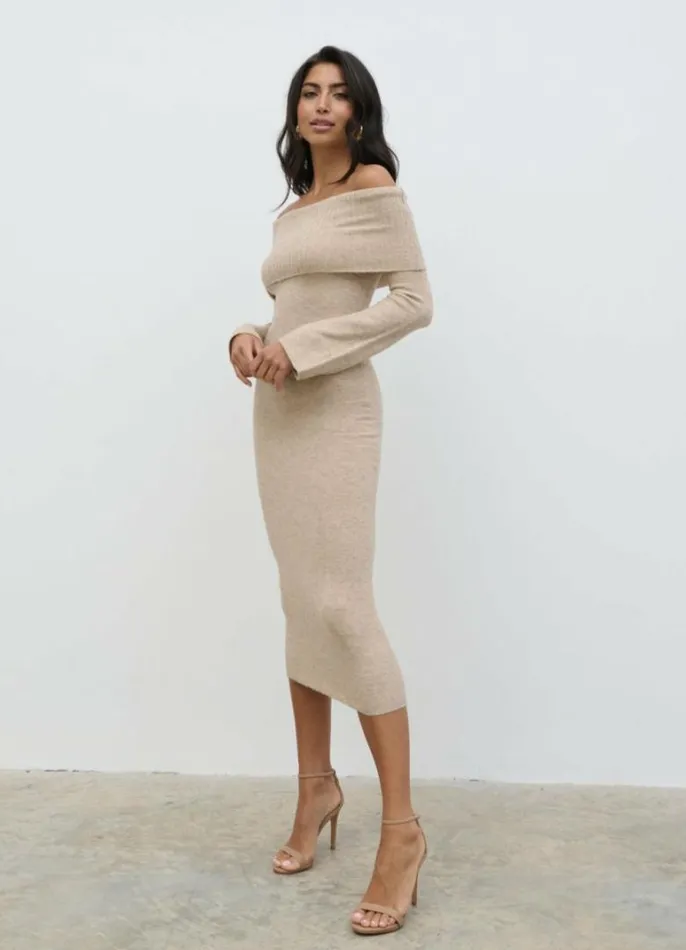 Pretty Lavish Dresses Women Soreya Bardot Soft Knit Dress Beige